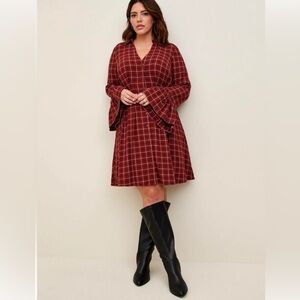 Torrid Rust Plaid Button-Up Gauze Bell Sleeve Dress